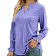 CZHJS Women's Comfy Elegant Swing Tunic for Leggings Clearance Long Sleeve Shirts Vintage Clothing 2023 Trendy Work V-Neck Solid Color Tops Business Flowy Blouse Casual Loose Fashion Purple S