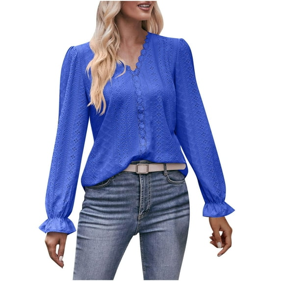 CZHJS Women's Comfy Elegant Swing Tunic for Leggings V-Neck Casual Loose Vintage Clothing Trendy Work Business Flowy Blouse Long Sleeve Shirts Fashion Solid Color Tops Blue XL