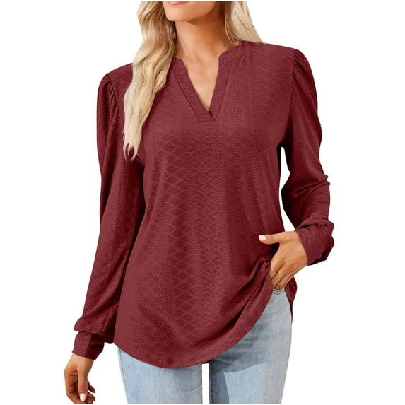 CZHJS Women's Comfy Elegant Swing Tunic for Leggings V-Neck Casual Loose Vintage Clothing Trendy Work Long Sleeve Shirts Fashion Solid Color Tops Business Flowy Blouse Wine XXL
