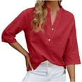 thumbnail image 1 of CZHJS Women's Comfy Elegant Tunic Casual Loose Cotton Lien Business Flowy Blouse Vintage Clothing Trendy Work 3/4 Sleeve Shirts Button up V-Neck Solid Color Tops Fashion Red XXXL, 1 of 7