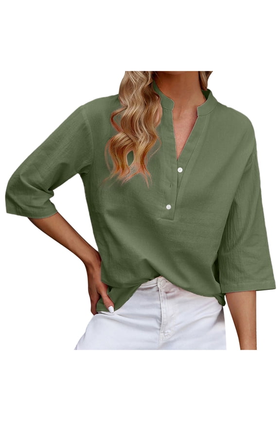 Women's Comfy Elegant Tunic Casual Loose Cotton Lien Business Flowy Blouse Vintage Clothing Trendy Work 3/4 Sleeve Shirts Button up V-Neck Solid Color Tops Fashion Army Green XL