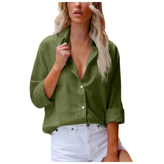 CZHJS Women's Comfy Elegant Tunic Solid Color Tops Casual Loose Vintage Clothing Trendy Work Long Sleeve Shirts Fashion Button Down Collared Dressy Blouse Army Green XL