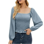CZHJS Women's Comfy Frill Smocked Blouse Clearance Scoop Neck Casual Loose Vintage Clothing 2023 Trendy Work Long Sleeve Shirts Solid Color Tops Slim Shirred Fashion Light Blue XL