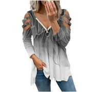 CZHJS Women's Comfy Lightweight Pullover For Fall Clearance Casual Loose Tie Dye Floral Printing Tops Fashion Vintage Clothing Trendy Work Cutout Long Sleeve Shirts Zipper V Neck Flowy Tunic Gray XXL