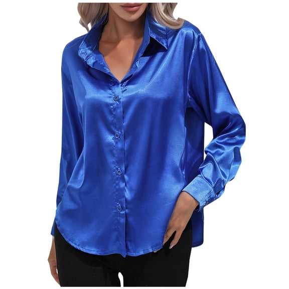 CZHJS Women's Comfy Slip Blouse Silk Satin Casual Loose Solid Color Tops Vintage Clothing Trendy Work Long Sleeve Shirts Fashion Button Down Blue M