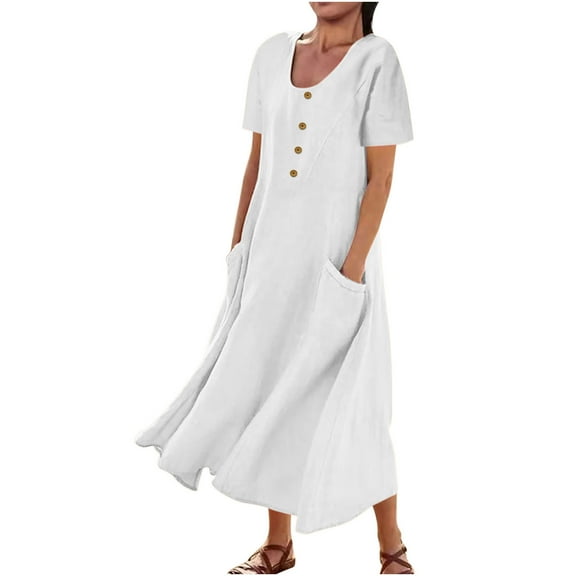CZHJS Women's Cotton Lien Maxi Floor Dress Trending Dresses Sleeveless Dress Ancle Lenght Dress with Pocket Plain Dress Solid Color Vintage Casual Loose Summer Round Neck Fashion White M