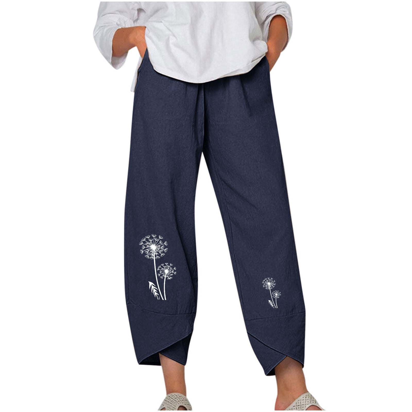 CZHJS Women's Dandelion Pattern Solid Color Cotton Linen Pants