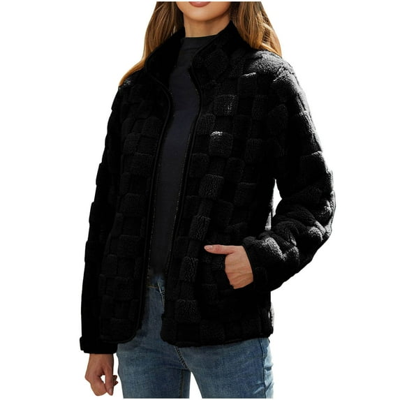CZHJS Women's Fleece Lined Zip up Trendy Solid Color Fuzzy Sherpa Outwear Notch Stand Collared Coat Winter Clothes Lady Casual Jackets Black XXL
