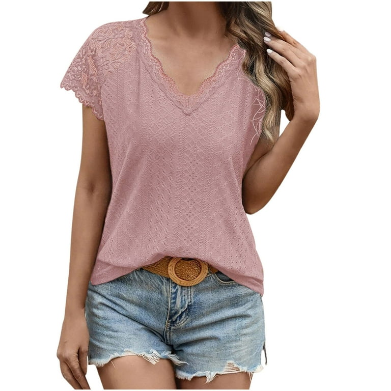 CZHJS Women s Lace Short Sleeve Eyelet Elegant Business Tops Clearance V Neck Spring Tops Ladies Basics Clothing Summer Vintage Shirts Leisure Tunic