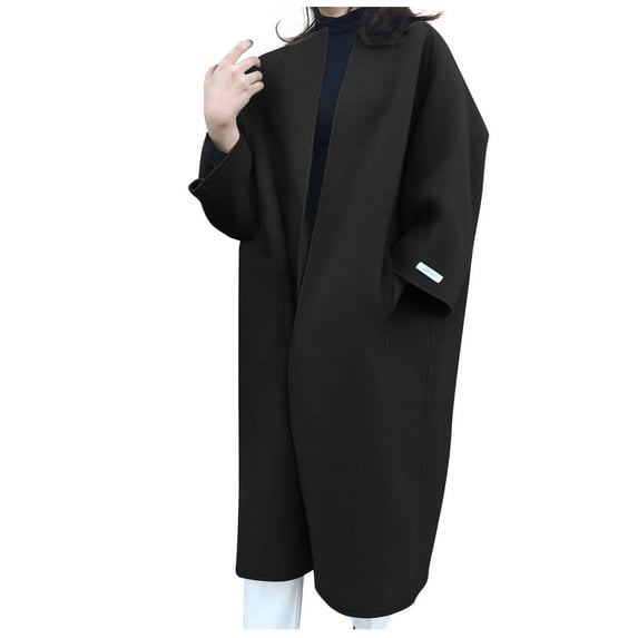 CZHJS Women's Long Sleeve Trench Coat Baggy Maxi Duster Outwear Notch Stand Collared Coat Lady Casual Jackets Winter Clothes Thicken Jackets Outdoor Trendy Solid Color Black Free Size