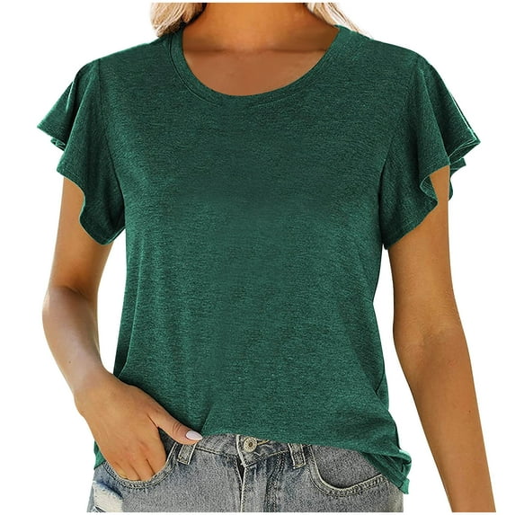 CZHJS Women's Ruffle Short Sleeve Cute Tops Clearance Solid Color Spring Tops Ladies Blouses Basics Clothing Summer Vintage Shirts Fashion 2024 Crewneck Leisure Tunic to Wear with Leggings Green M