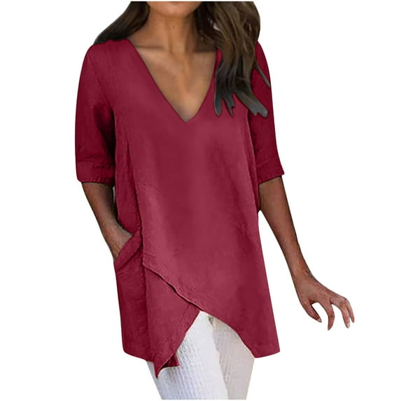 Black of Friday Women's Short Sleeve Dressy Elegant Wrap Tops Clearance Cotton Linen Leisure Asymmetric Hem Tunic to Wear with Leggings Ladies V Neck Solid Color Summer Shirts Spring Tops Wine XL