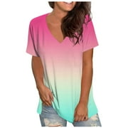 CZHJS Women's Short Sleeve Elegant Flowy Tops Clearance Ladies Blouses V Neck Spring Tops Gradient Color Fashion 2023 Leisure Tunic to Wear with Leggings Summer Vintage Shirts Basics Clothing Pink S