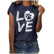 CZHJS Women's Short Sleeve Funny Tees Clearance Love Heart Graphic T Shirt Fashion Clothes for Teen Girls Casual Loose Crew Neck Shirts Summer Tops Comfy Vintage Trendy Navy XXXL
