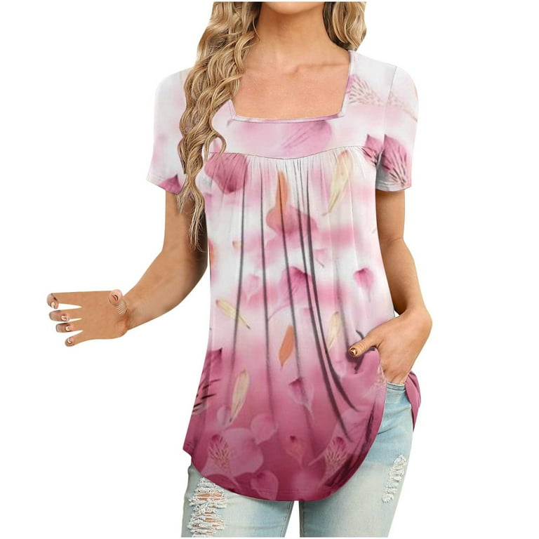 CZHJS Women s Short Sleeve Pleated Dressy Blouse Clearance Flora Printing Spring Tops Relaxed Fit Leisure Tunic Ladies Summer Vintage Shirts Basics Clothing Square Neck Fashion 2024 Pink S Walmart