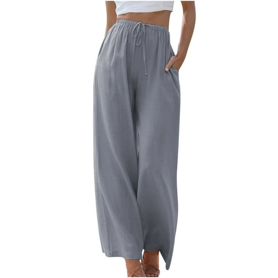 CZHJS Women's Solid Color Cotton Linen Pants Summer Trousers Fashion Light Weight Fit Ankle Pants Casual Loose Flowy Elastic High Waist Wide Leg Comfy Gray XL