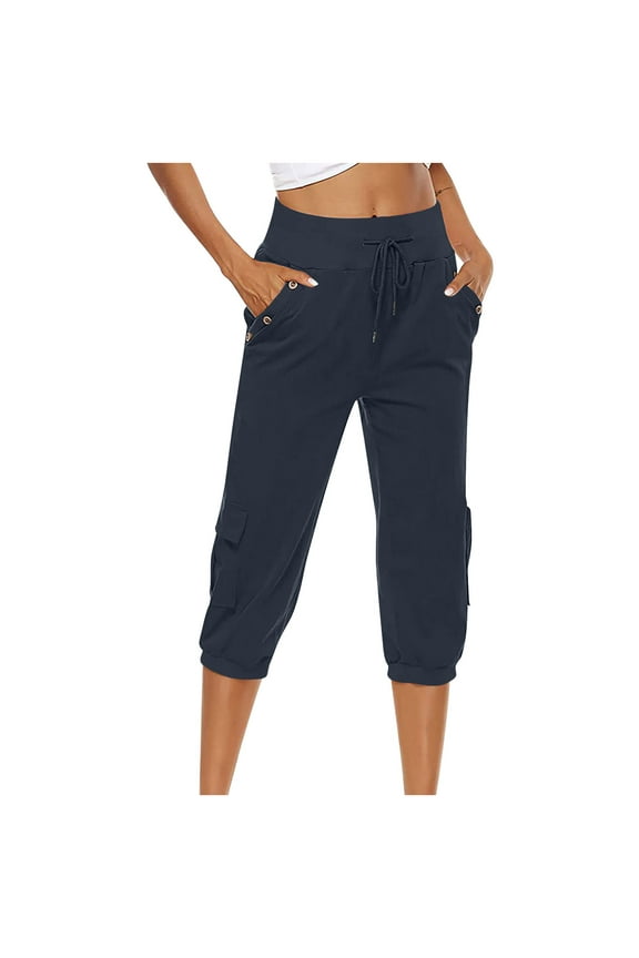 Women's Solid Color Cotton Linen Pants Fashion Capris Elastic High Waist Comfy Summer Trousers Light Weight Fit Casual Loose Flowy Pegged Pants with Pockets Navy M