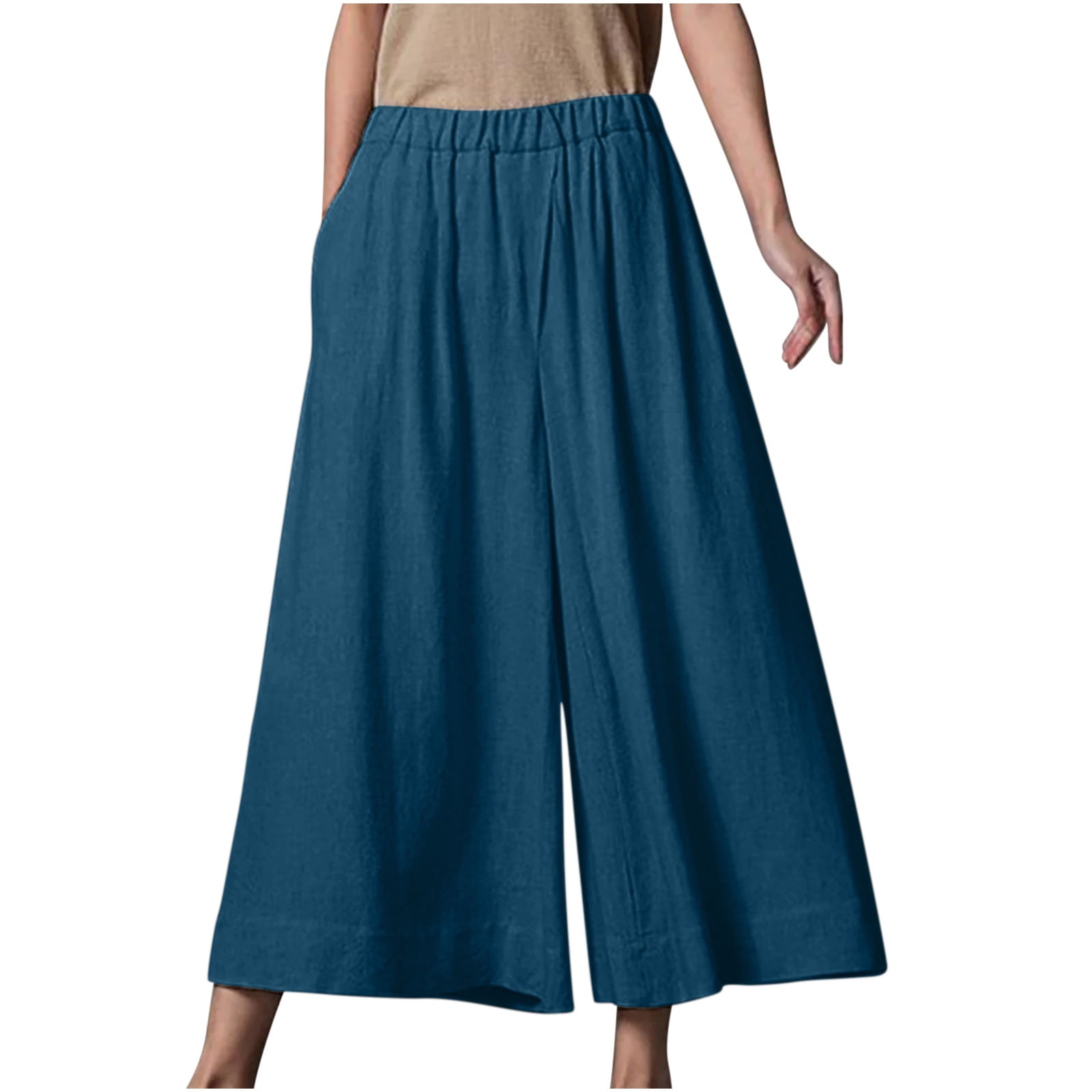 CZHJS Women's Solid Color Cotton Linen Pants Clearance Fashion Elastic ...