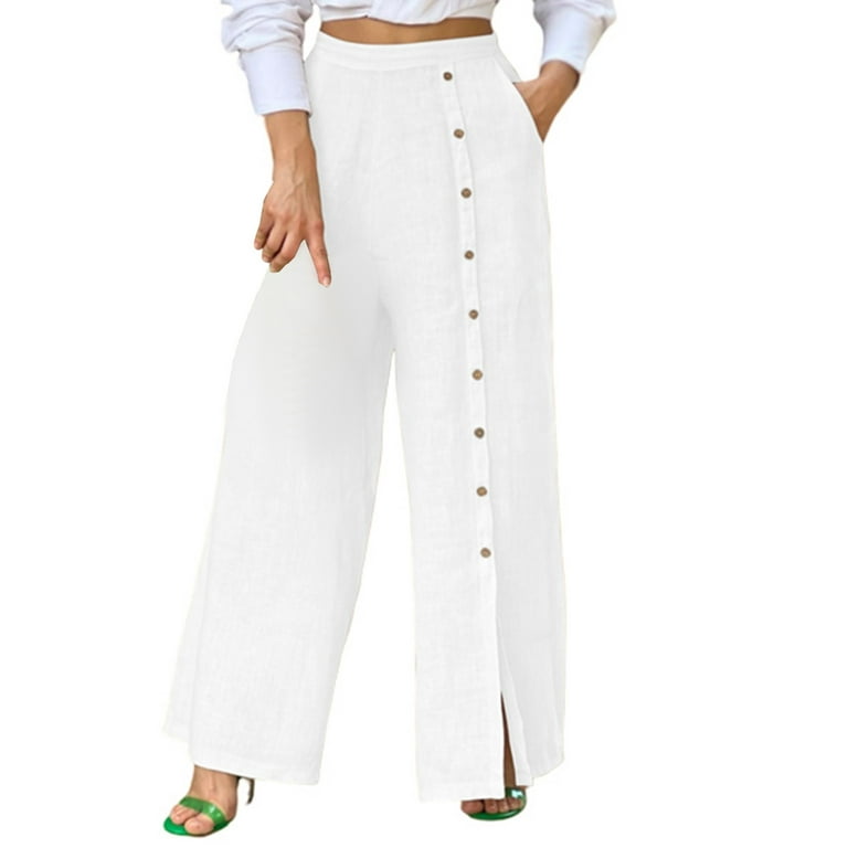 CZHJS Women's Solid Color Cotton Linen Pants Clearance Fashion Long Palazzo  Pants Light Weight Fit Wide Leg Beach Trousers with Pockets 2023 Summer Trousers  High Waist Baggy Slacks Comfy White S 