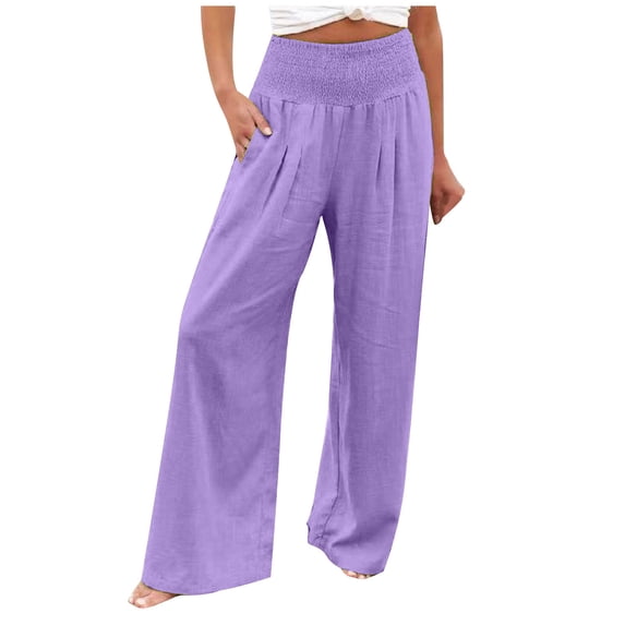 CZHJS Women's Solid Color Cotton Linen Pants Light Weight Fit Long Palazzo Pants Casual Loose Flowy Elastic High Waist Wide Leg Stretch Lounge with Pockets Comfy Summer Trousers Purple S