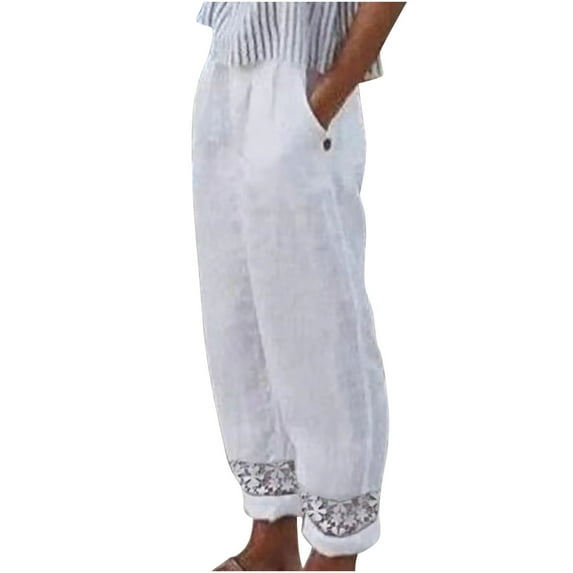 CZHJS Women's Solid Color Cotton Linen Pants Light Weight Fit Wide Leg Beach Trousers with Pockets Fashion Summer Trousers Long Palazzo Pants Comfy Baggy Slacks Elastic Waist White S