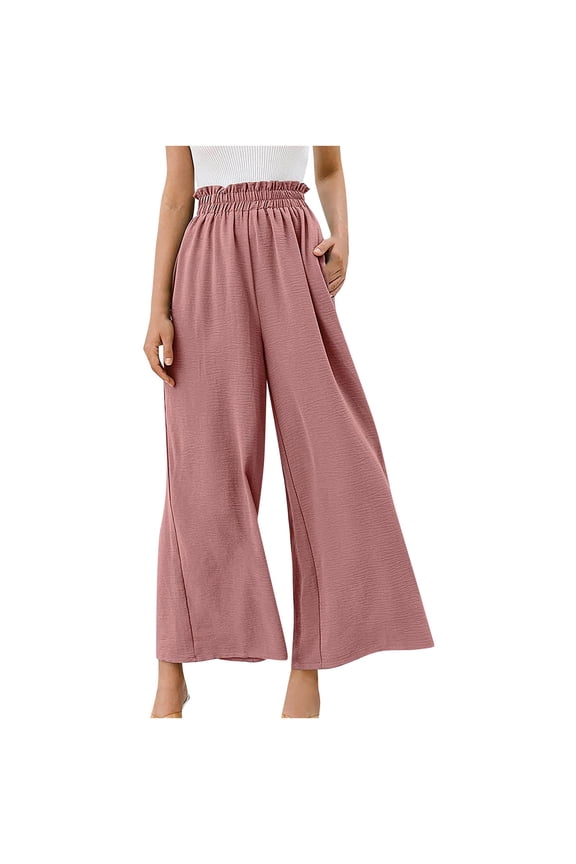 Women's Solid Color Cotton Linen Pants High Waist Long Palazzo Pants Comfy Baggy Slacks Straight Leg with Pockets Light Weight Fit Fashion Summer Trousers Pink M