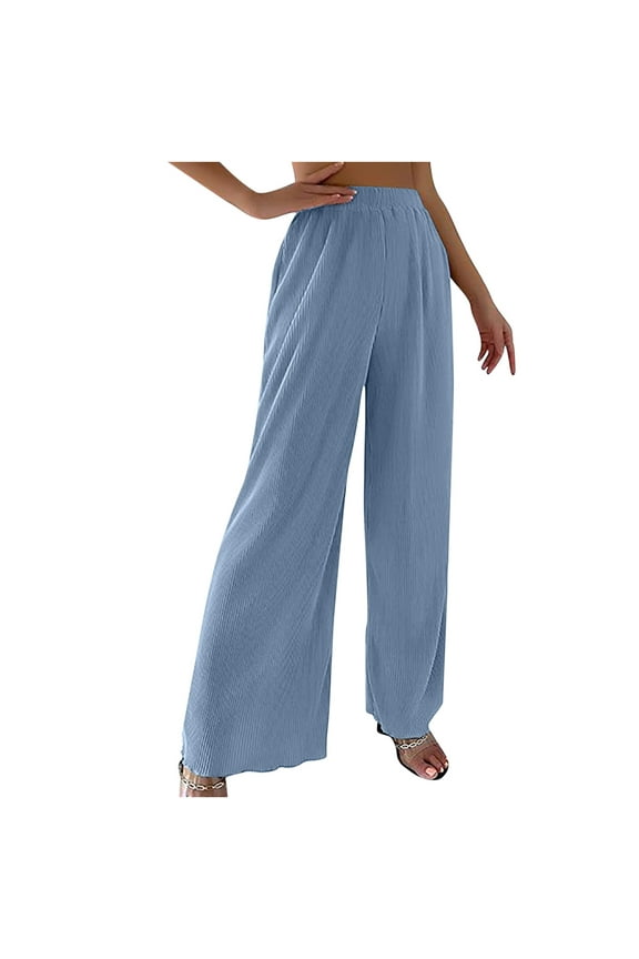 Women's Solid Color Cotton Linen Pants Summer Trousers Elastic Waist Wide Leg Beach Trousers Light Weight Fit Fashion Comfy Baggy Slacks Long Palazzo Pants Blue S