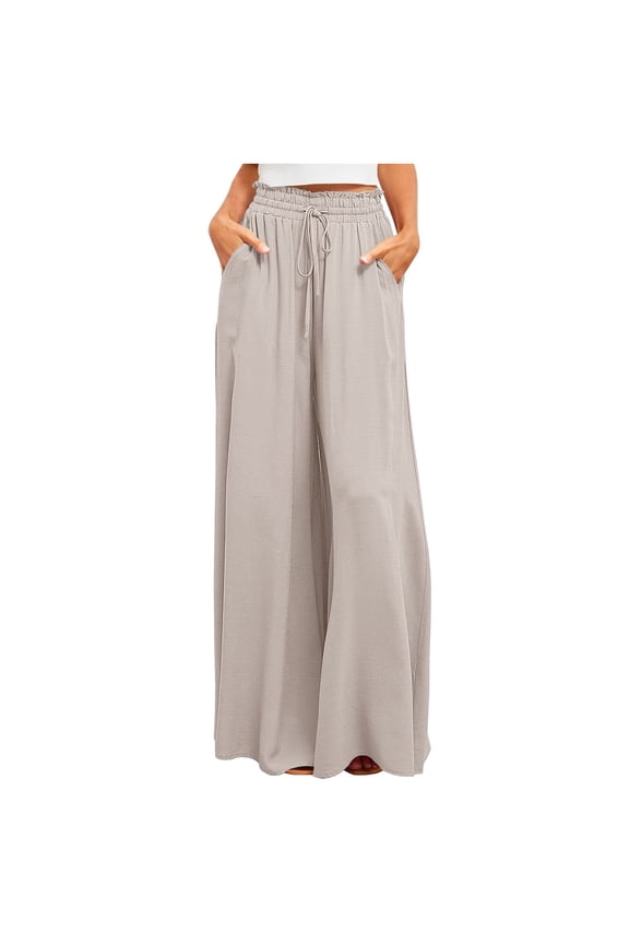 Women's Solid Color Pants Summer Trousers Comfy Fashion Baggy Slacks Long Palazzo Pants Light Weight Fit Wide Leg Beach Trousers with Pockets Elastic Waist Beige L