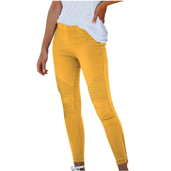 CZHJS Women's Solid Color Pants Summer Trousers Elastic Waist Fashion Comfy Long Palazzo Pants Light Weight Fit Wide Leg Beach Trousers with Pockets Baggy Slacks Yellow L