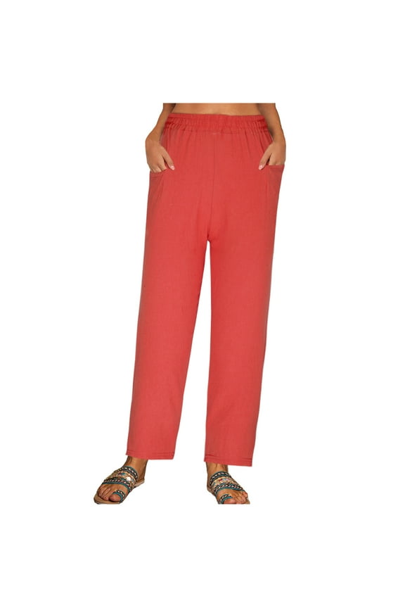 Women's Solid Color Pants Comfy Light Weight Fit Straight Leg Casual Loose Flowy Fashion Summer Trousers Long Palazzo Pants High Waist Red L