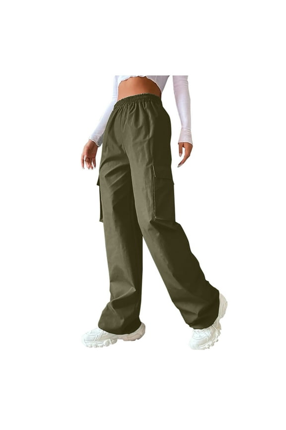 Women's Solid Color Pants Light Weight Fit Wide Leg Beach Trousers with Pockets Baggy Slacks Fashion Summer Trousers High Waist Long Palazzo Pants Comfy Army Green S