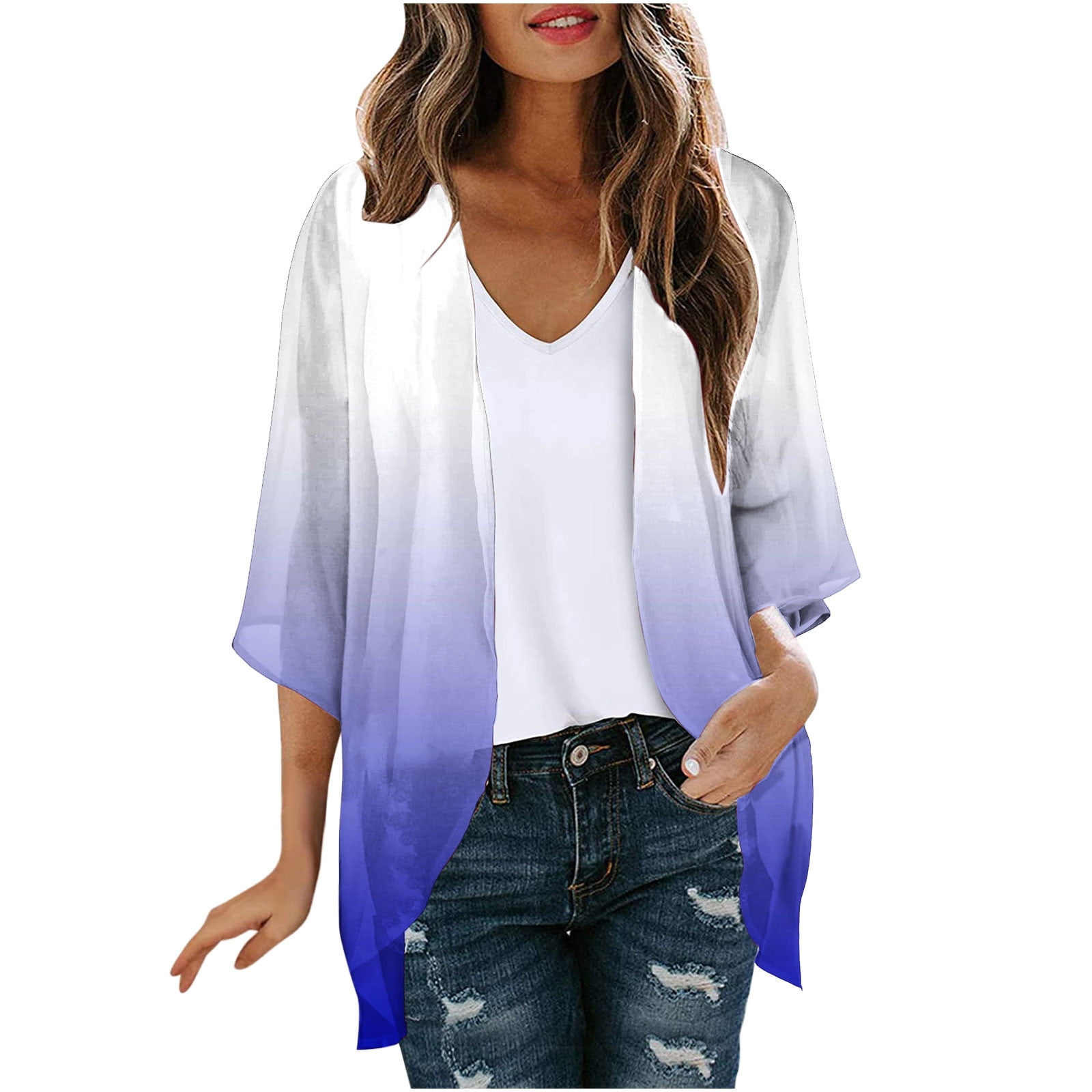 Finoceans Women's Chiffon Kimono Cover Up - Beach Cardigan, Floral, Loose Fit (XXL, Blue)