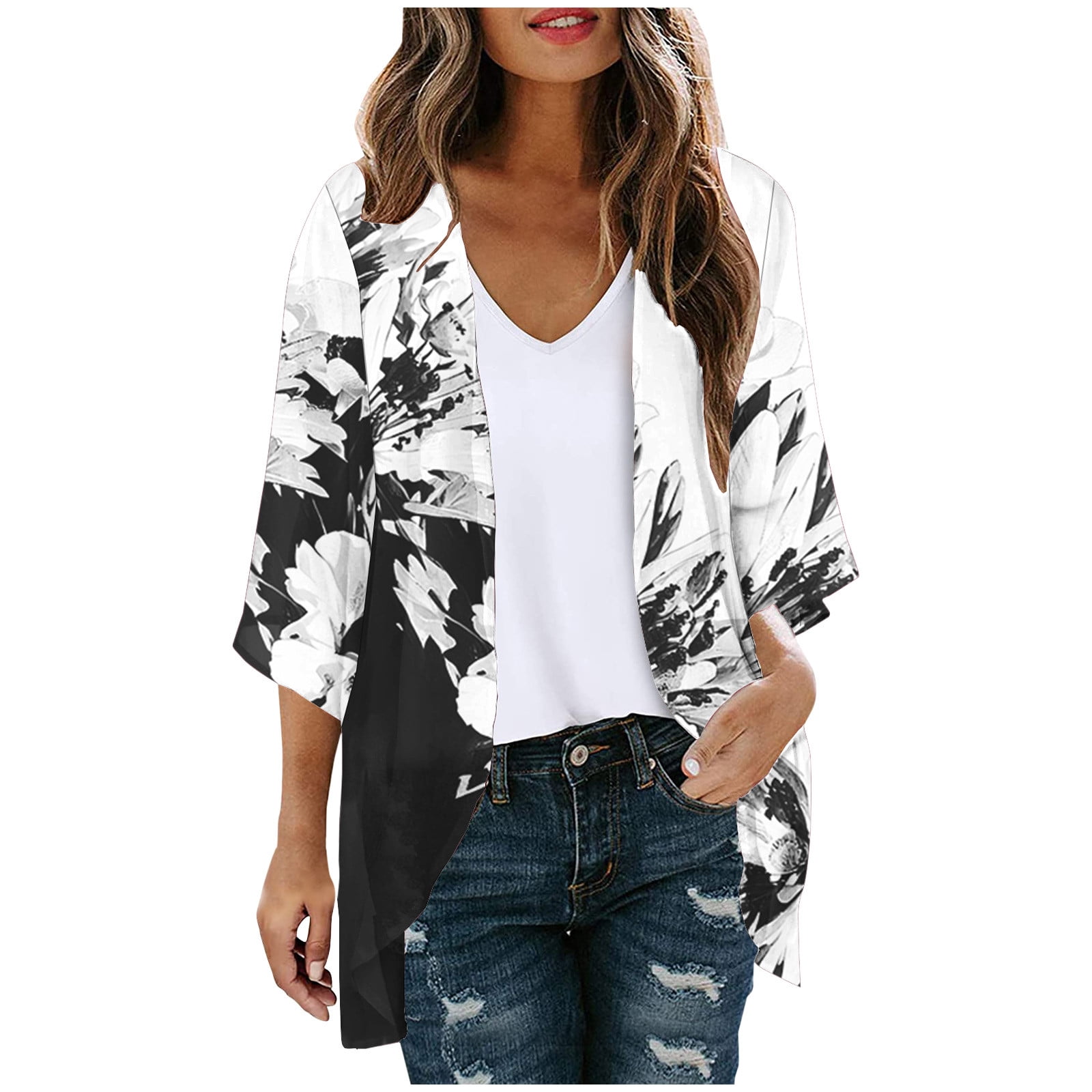Women's Floral Kimono Cardigan - Lightweight Chiffon Beach Cover Up & Casual Top (Medium, White Floral) - View #2