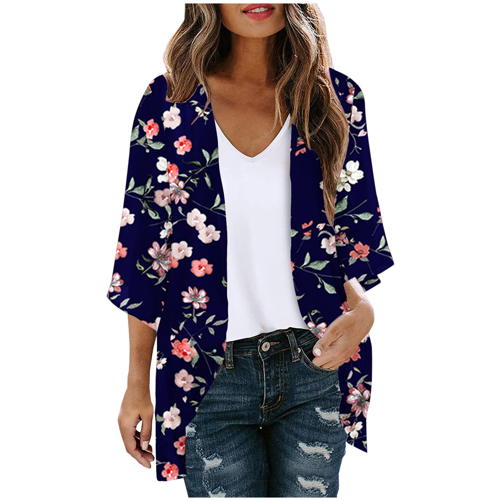 Women's Chiffon Kimono Cardigan - Floral Print Beach Cover Up, Black Flower, Medium - View #8