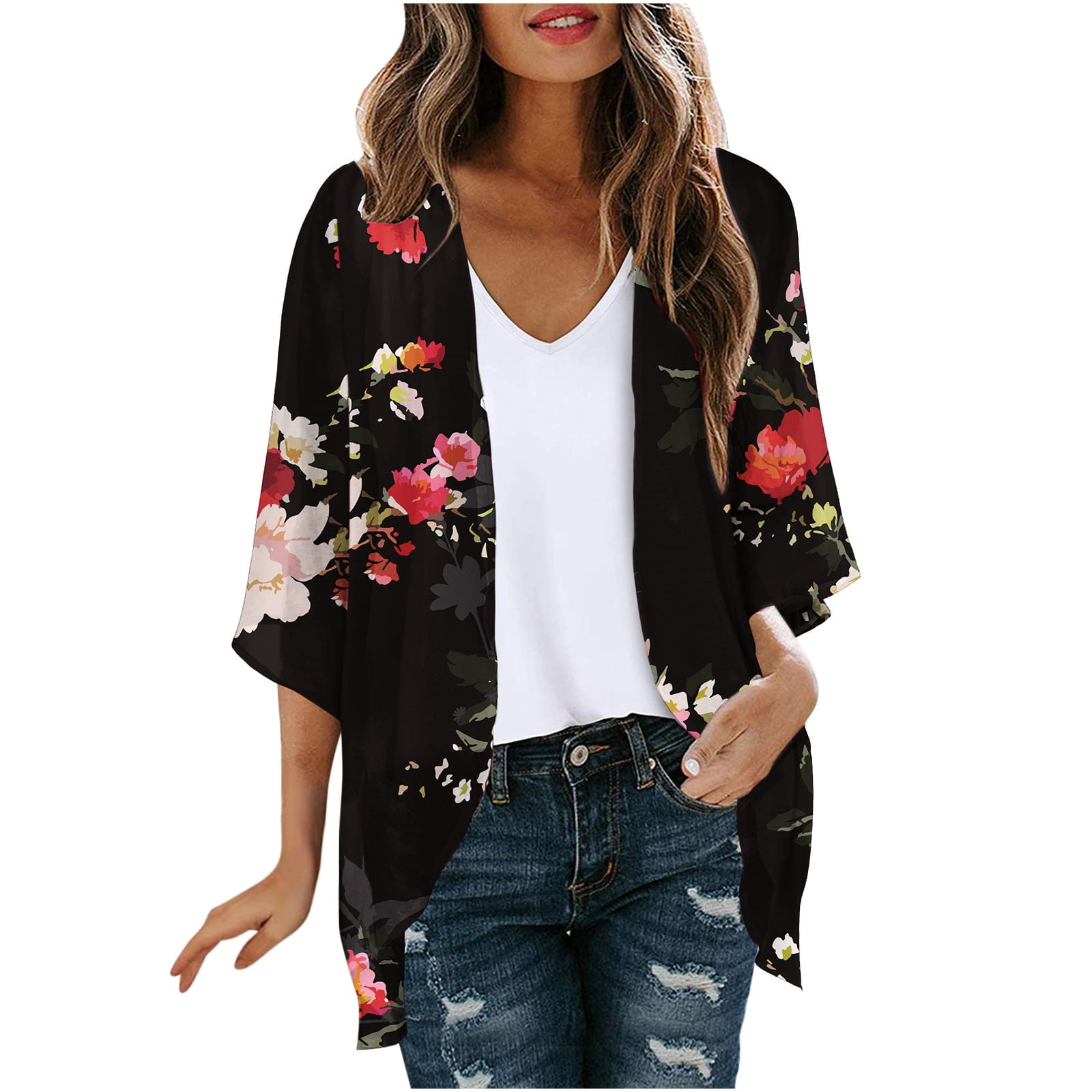 Women's Chiffon Kimono Cardigan - Floral Print Beach Cover Up, Black Flower, Medium - View #6