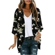 CZHJS Women's Swimsuit Coverups Floral Kimonos Beach Chiffon Plus Size Clothes Vacation Lightweight Summer Casual Loose Cardigans for Swimwear Black L