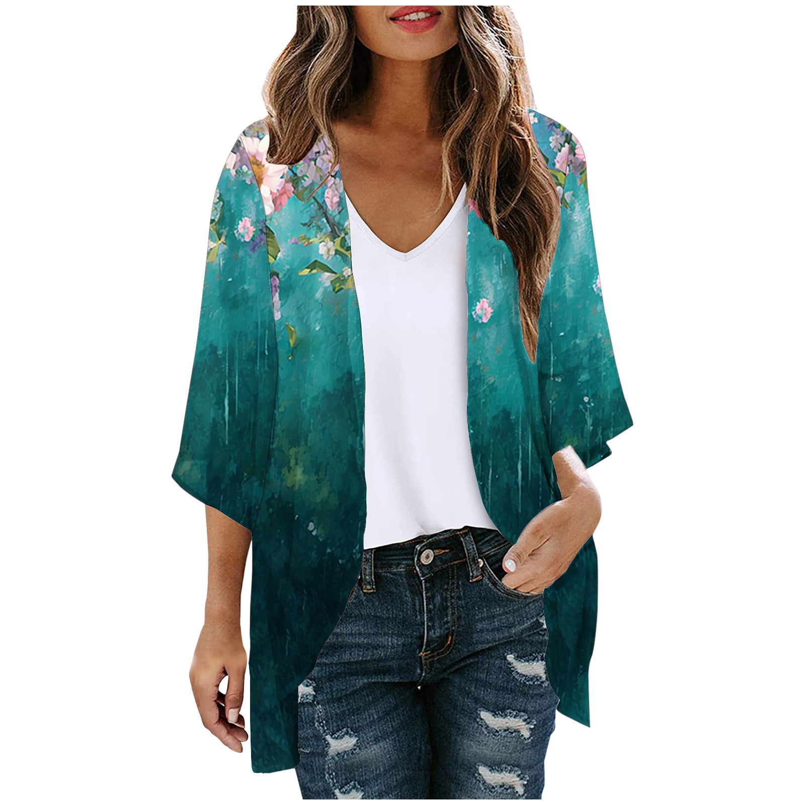 Women's Floral Chiffon Kimono Cardigan - Beach Cover Up, Open Front, Boho Style (Large, Green) - View #3