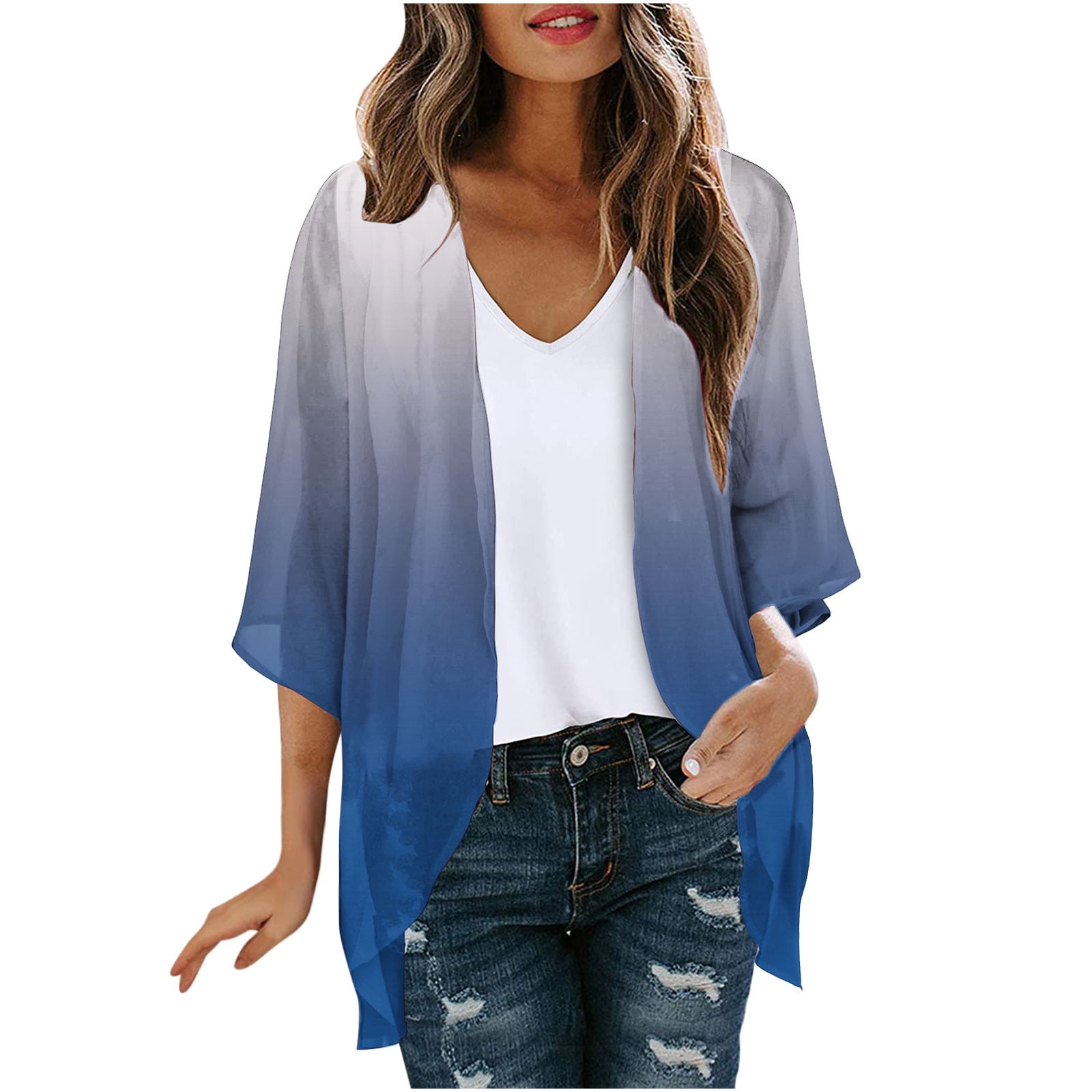 Contrast Color Printing Long Sleeve Belted Casual Loose Long Beach Cardigan Bikini Cover-Up