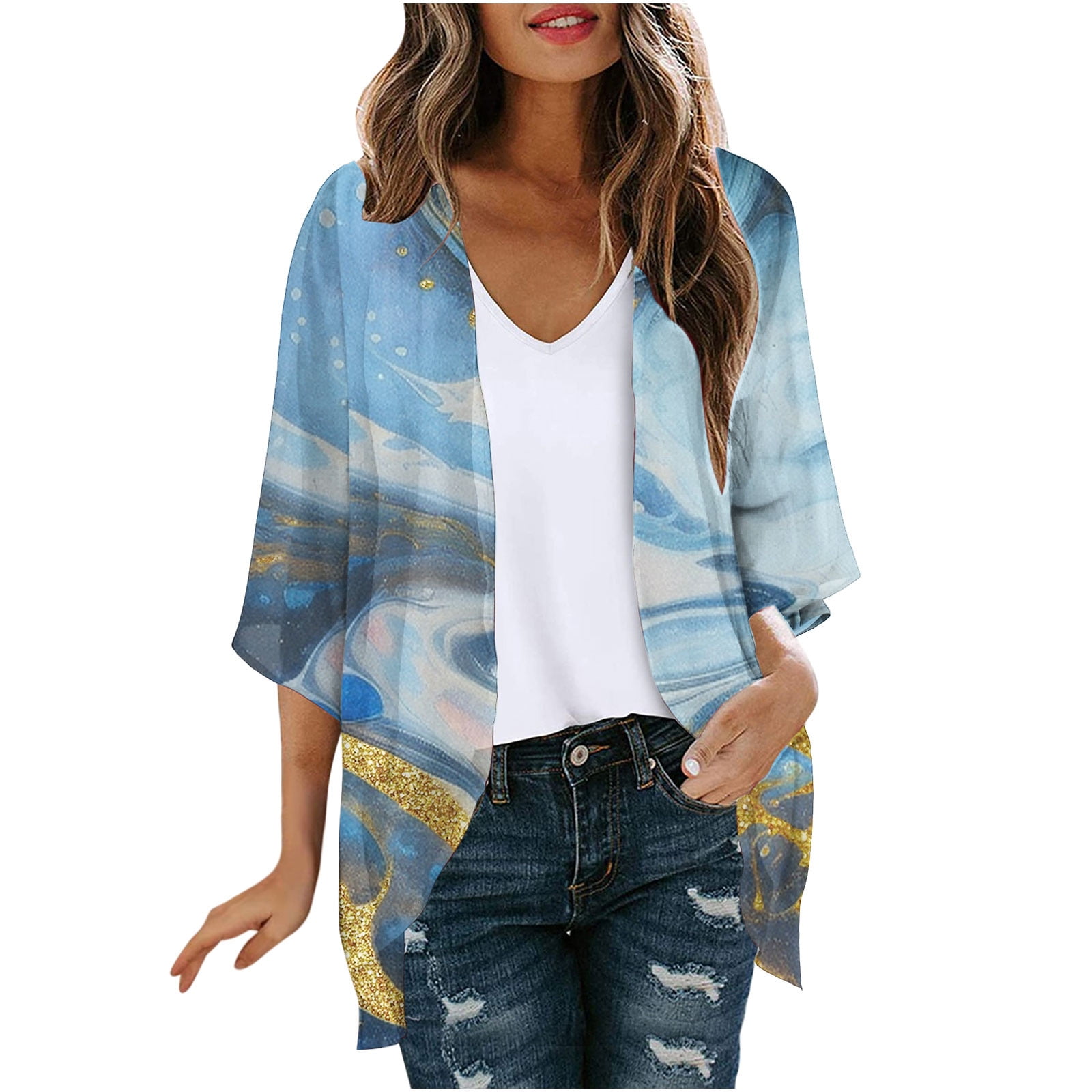 Finoceans Women's Chiffon Kimono Cover Up - Beach Cardigan, Floral, Loose Fit (XXL, Blue) - View #7