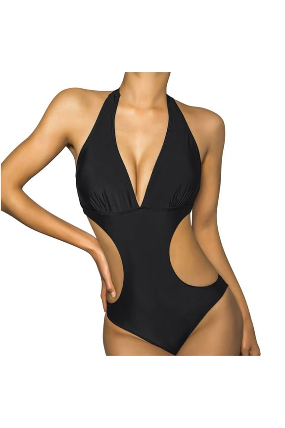 Women's Trendy Monokini Solid Color Swimwear Swimsuit for Women Summer Beach Outfit Bathing Suits Cutout One-Piece Tummy Control Bikini Black M