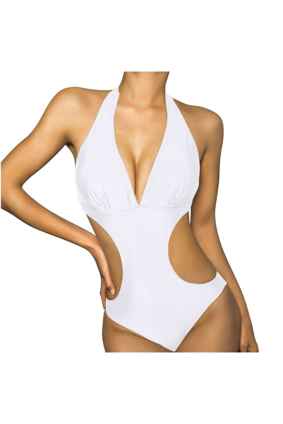 Women's Trendy Monokini Solid Color Swimwear Swimsuit for Women Summer Beach Outfit Bathing Suits Cutout One-Piece Tummy Control Bikini White L