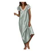 CZHJS Women's Trendy Slip Nightgowns Sleepwear Clearance Cap Sleeve Lace Stiching V Neck Chemise Floor Length Satin Dress Fashion Dresses Flowy Summer Trendy Dresses Solid Color green XXXXXL