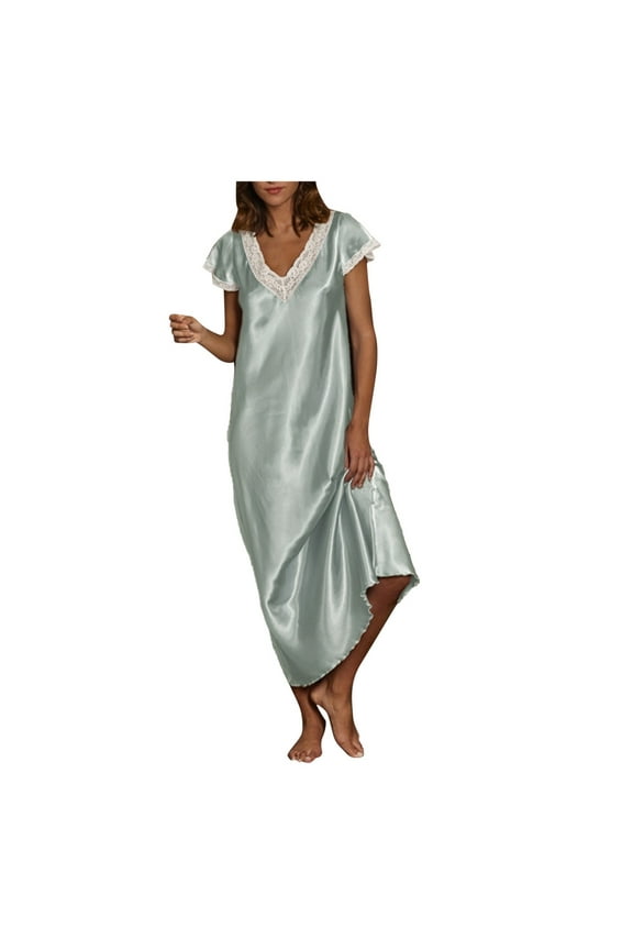 Women's Trendy Slip Nightgowns Sleepwear Cap Sleeve Lace Stiching V Neck Chemise Floor Length Satin Dress Fashion Vacation Dresses Flowy Summer Trendy Dresses Solid Color green M