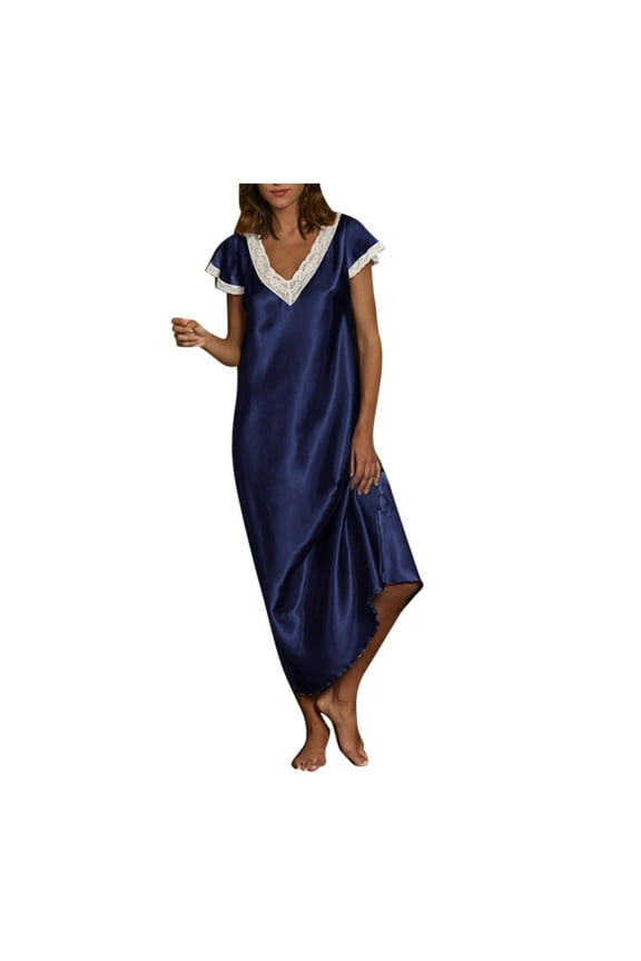 Women's Trendy Slip Nightgowns Sleepwear Cap Sleeve Lace Stiching V Neck Chemise Floor Length Satin Dress Fashion Vacation Dresses Flowy Summer Trendy Dresses Solid Color Navy XXL