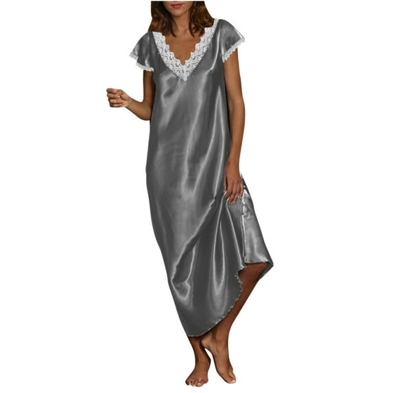 CZHJS Women's Trendy Slip Nightgowns Sleepwear Cap Sleeve Lace Stiching V Neck Chemise Floor Length Satin Dress Fashion Vacation Dresses Flowy Summer Trendy Dresses Solid Color 