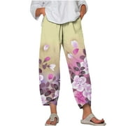 CZHJS Womens Boho Bohemian Trouser Floral Printing Regular Fit Pants with Pockets Comfy Summer Beach Pants High Waist Long Palazzo Pants Hiking Pants for Ladies Yellow XXL