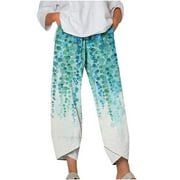 CZHJS Womens Boho Regular Fit Pants with Pockets Summer Beach Pants Long Palazzo Pants Bohemian Trouser Floral Pattern Printing Comfy High Waist Hiking Pants for Ladies Light Blue XXL