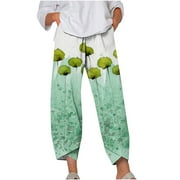 CZHJS Womens Comfy Boho Summer Beach Pants Long Palazzo Pants Bohemian Trouser Floral Pattern Printing Regular Fit Pants with Pockets High Waist Hiking Pants for Ladies Green XXL