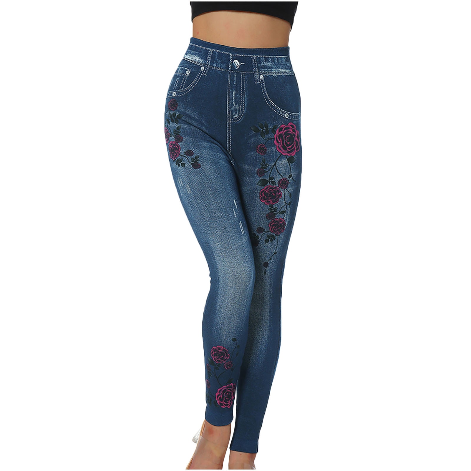 Women Stretchy Faux Denim Jeans Leggings High Waist Tummy Control Pencil  Pants