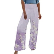 CZHJS Womens Floral Printing Long Palazzo Pants Comfy Bohemian Trouser Regular Fit Pants High Waist Boho Summer Beach Pants Hiking Pants for Ladies Purple S